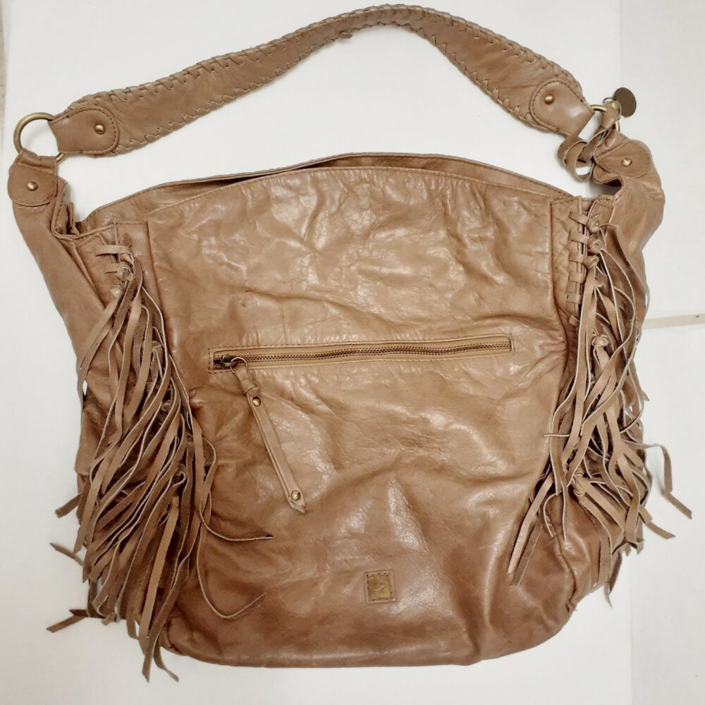 Vtg Rare Waterlily Large Shoulder Bag Purse Tan Leather Zippered Fringe Slouch